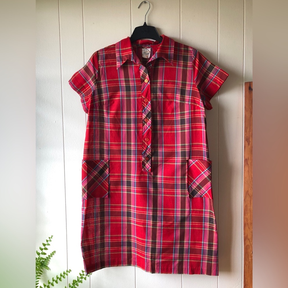 Vintage Red Plaid Shirt Dress with Pockets 😍